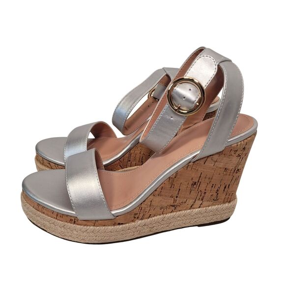 ZBY Cork Wedge Espadrille Sandals Silver Ankle Strap Size 7 New - Picture 3 of 11